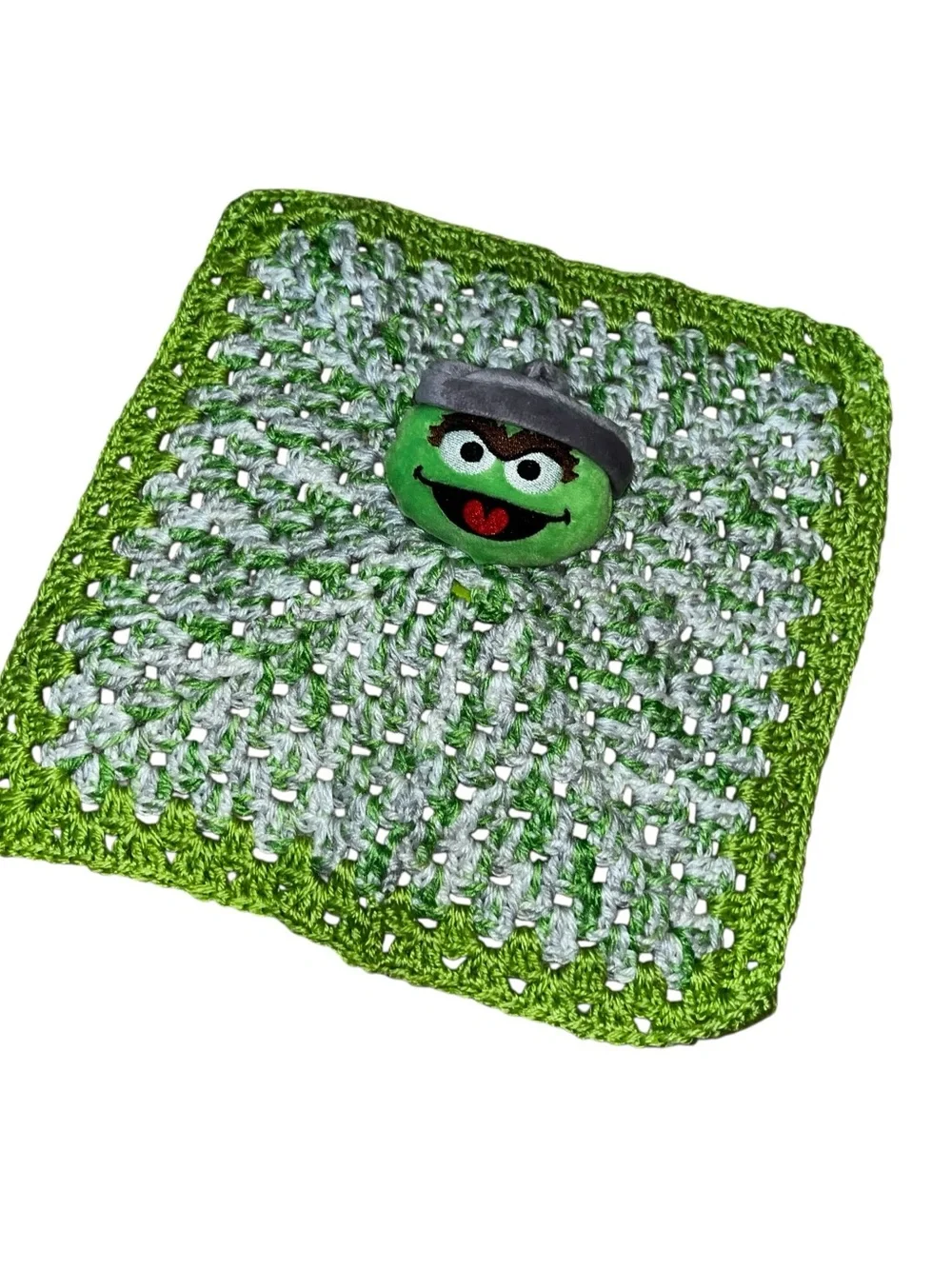 Oscar the grouch sesame Street, handmade crochet baby lovey blanket green white